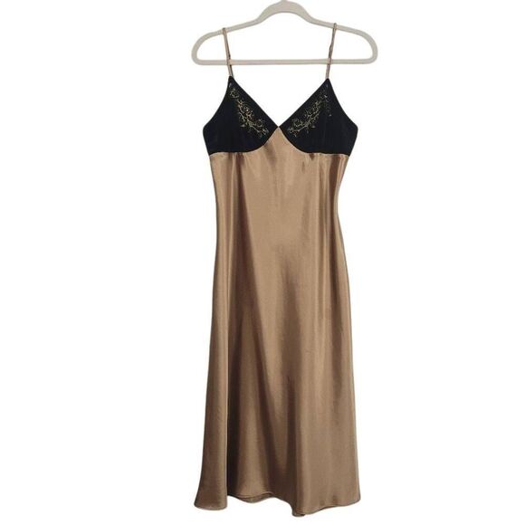 Morgan Taylor Intimates Gold Satin Slip Dress‎ Sz L Black Velvet Bust Feminine - Picture 1 of 6